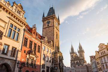 Prague old town with town hall and Tyn church