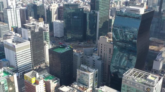 a drone shot in downtown Seoul