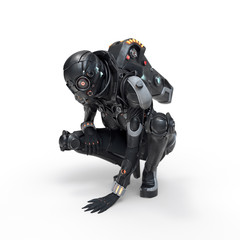 Science fiction cyborg female squatting putting her palm on the floor. Sci-fi girl sitting on her haunches and looking at the floor. Girl in futuristic black armor suit. 3D render on white background.