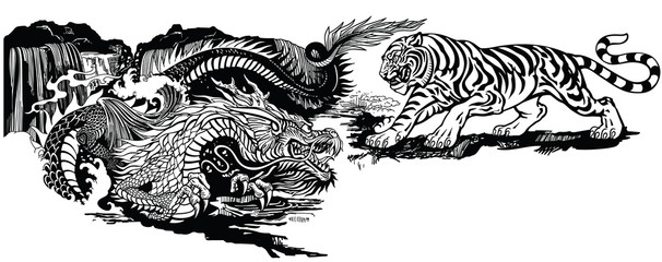 Chinese East Asian dragon versus tiger . Two spiritual creatures in the Buddhism representing the spirit heaven and matter earth. Black and white graphic style vector illustration