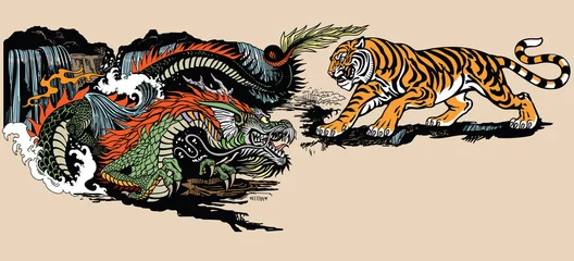 Grüner chinesischer ostasiatischer Drache gegen Tiger. Zwei spirituelle Wesen im Buddhismus, die den Geisthimmel und die Materie Erde darstellen. Vektor-Illustration im grafischen Stil © insima