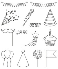 Line art black and white 14 party elements set
