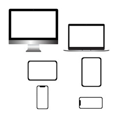 Mockup set device: phone, tablets, laptops, and computer monitors black color with a blank screen for demonstration graphic or design