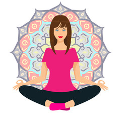 Beautiful girl or woman doing yoga with lotus mandala motif. Flat color vector illustration.