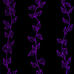 Neon background. Violet branches, leaves, flowers. Design greeting cards, fabrics, business cards.