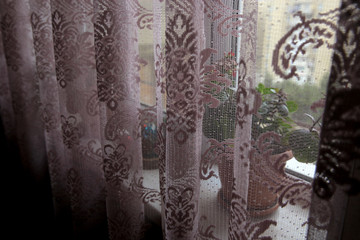 Curtain of transparent tulle. Sheer curtain window tulle.