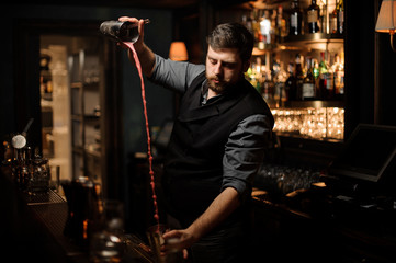 Bartender mixing the alcohol cocktail in shaker