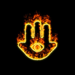 The symbol hamsa burns in red fire