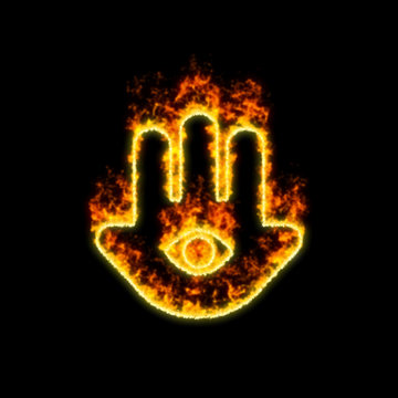 The symbol hamsa burns in red fire