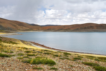 Great lakes of Tibet. Lake Rakshas Tal (Langa-TSO) in summer in cloudy day