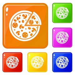 Delicious italian pizza lifted slice one icons set collection vector 6 color isolated on white background