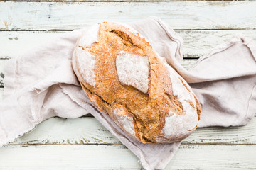 Fresh homemade crisp bread, top view. French bread. Bread at leaven. Unleavened bread
