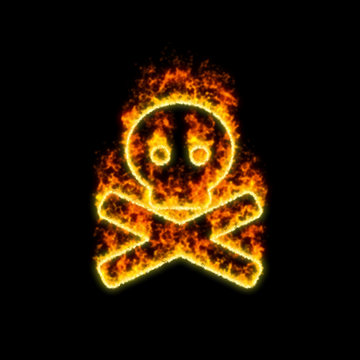 The symbol skull crossbones burns in red fire