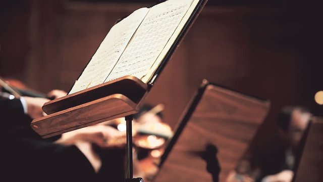 Violin and cello players hands detail during philharmonic orchestra performance