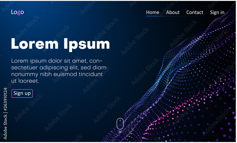 Wall mural blue web homepage template with icons and abstract digital neon pattern.