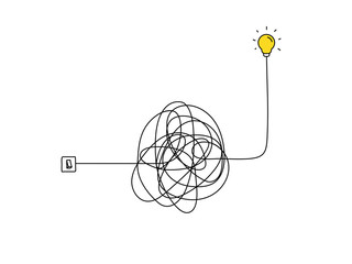 very hard thinking of inspiration idea through a complicated way illustration. light switch with messy line symbol. tangled scribble line vector path doodle design.