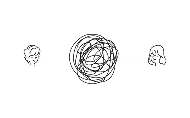 complicated couple relationship problem illustration. sad boy and girl face with messy line connection. tangled scribble line vector path doodle design.