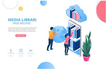 Media library, web archive. Homepage or landing page template with smartphone, books and people, flat style.