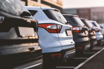 cars parked in row on outdoor parking - obrazy, fototapety, plakaty