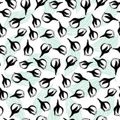 Flowers pattern vector. Floral seamless background with stylized hand drawn flowers and leaves.