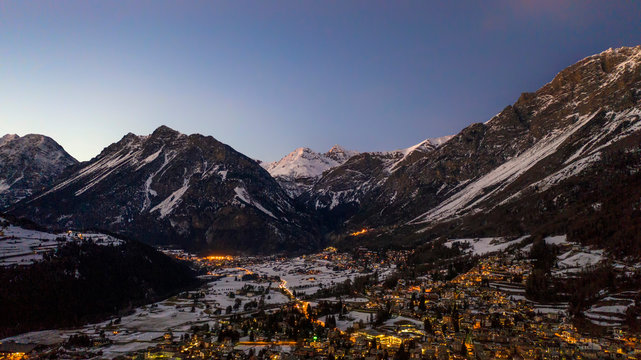 View of Bormio (Italian Alps) at sunset