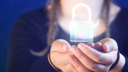 teenage girl with braids, holding a digital lock in her hands, ideal for themes such as technology and online safety