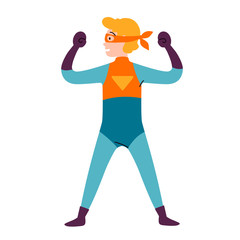 Boy wearing colorful costume of superhero. Vector.