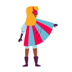 Girl wearing colorful costume of superhero. Vector.