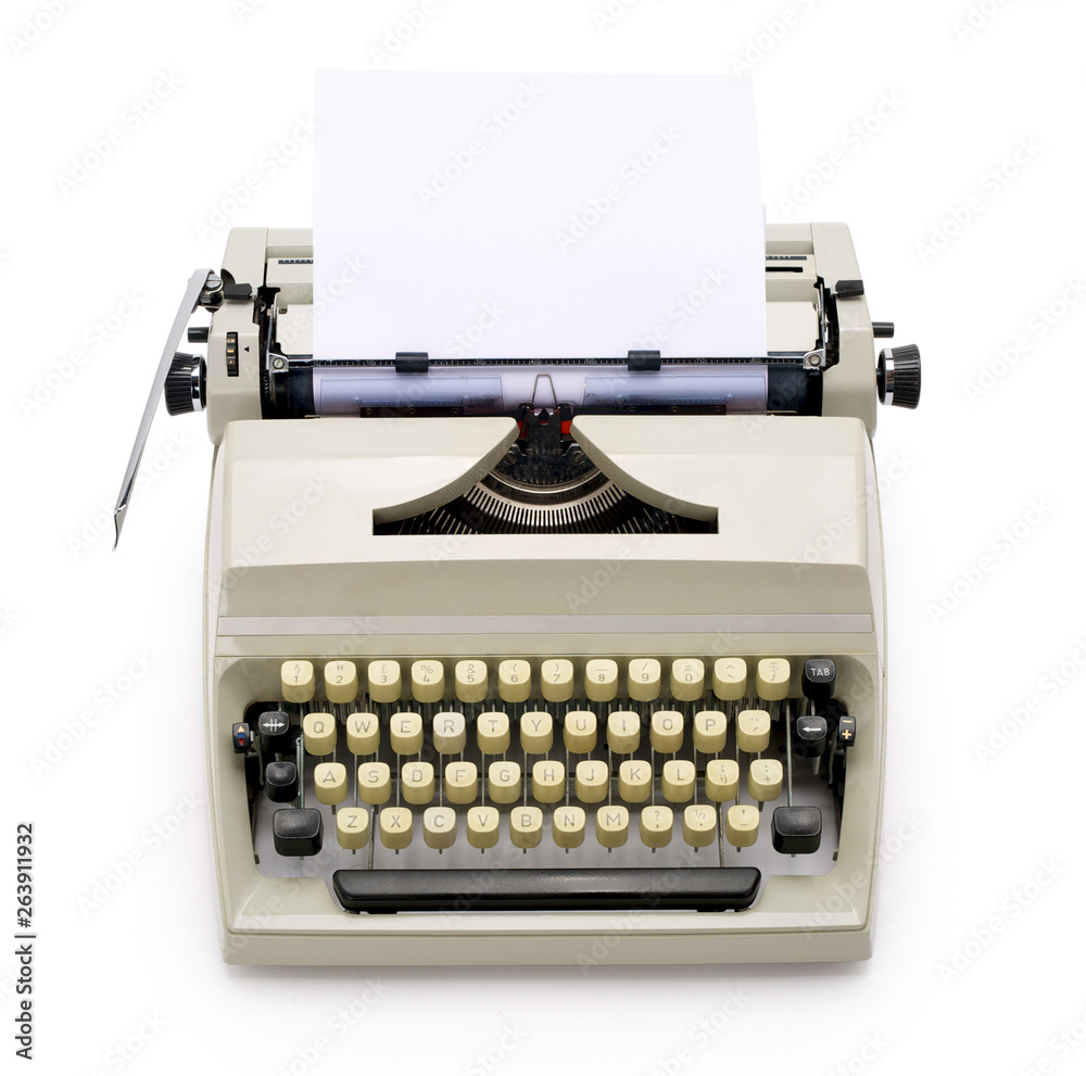 Fototapete top view of a typewriter from the 70s with blank paper for text, isolated on white background. conta