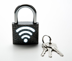 padlock with password wi-fi with keys on a white Internet security