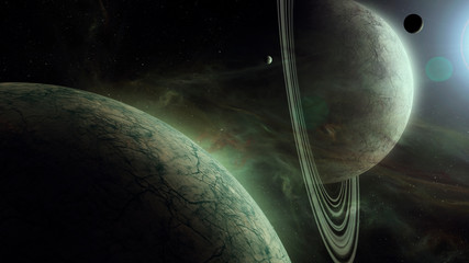 surreal space landscape with giant planets and sattelites in bright star light realistic digital...