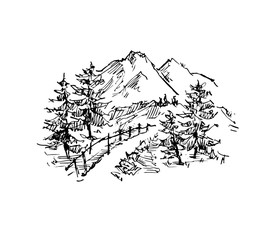 Rural sketch andscape. Vector illustration. Ink hand drawing landscape. - 263913567