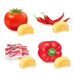 Potato chips with flavor pepper, paprika, tomato and bacon set. Realistic illustration