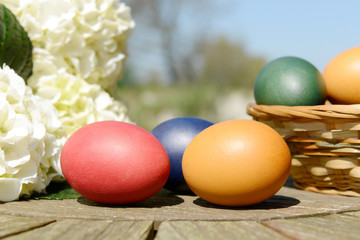 Easter eggs  on table in the garden
