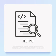 Testing software: code with magnifier thin line icon. Modern vector illustration.