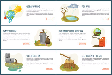 Obraz na płótnie Canvas Global warming vector, environmental problems and issues, resource depletion, waste in cans, heat of sunshine and water pollution, deforestation. Website landing page flat style. Concept for Earth day