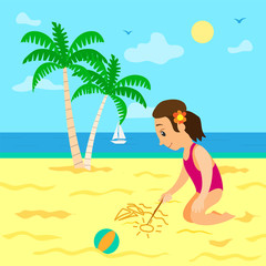 Girl wearing swimming suit vector, vacations of child summertime fun. Person drawing on sand with stick, palms and sailboat, ball laying on hot sand