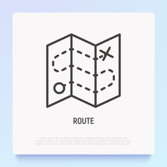 Route on folded map thin line icon. Modern vector illustration of navigation.
