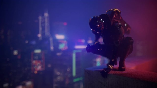 Science fiction cyborg female squatting on the edge of the roof. Sci-fi girl sitting on her haunches and turns her head looking at the night city. Girl in a futuristic black armor suit. 3D animation.