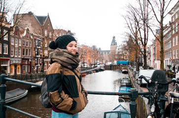 Fototapeta na wymiar Girl having fun in Amsterdam.