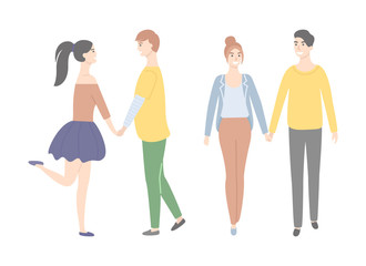 Vector cartoon students in love, male and female characters. Dating teenagers, girl in short skirt or trousers, boy in yellow sweater isolated people