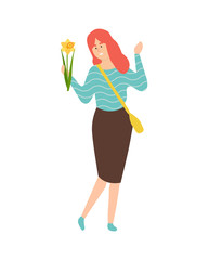 Redhead woman with narcissus or daffodil flower isolated female character. Smiling girl in brown skirt and blue sweater, 8 March or birthday party