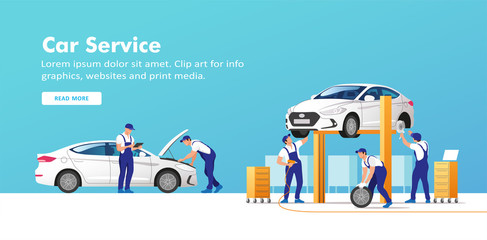 Auto service and repair. Cars in maintenance workshop with mechanics team. Vector illustration.