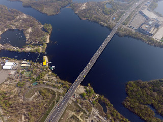Moscow Bridge across Dnepr River, photo from drone.  Kiev,Ukraine 