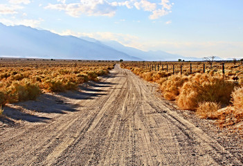 Dirt road goes to the horizon on a desert highway