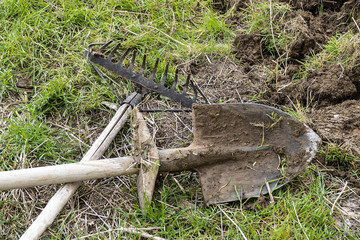 shovel and garden rake, garden tools,