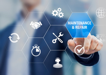 Maintenance and repair concept with icons about assistance and servicing of equipments, person...