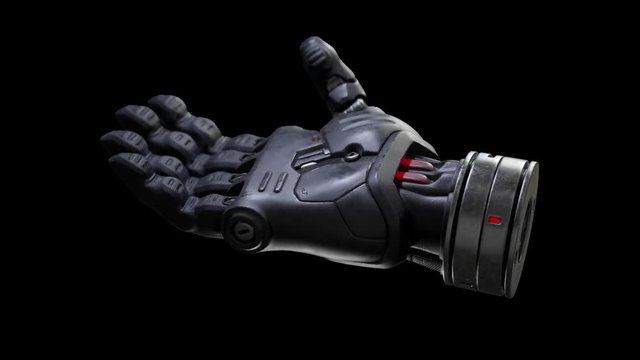 3d rendering with alpha channel cyber hand. Turntable black prosthetic hand. Futuristic design concept of artificial robotic mechanical arm. Cyberware. Futuristic bionic technology. Future technology.