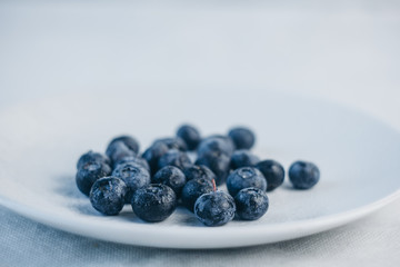 fresh blueberry berries on a white plate close-up. breakfast of wild berries. copy space