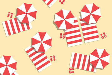 Crowded beach vector in aerial top view. Summer holiday illustration with sun beds and sand beach.